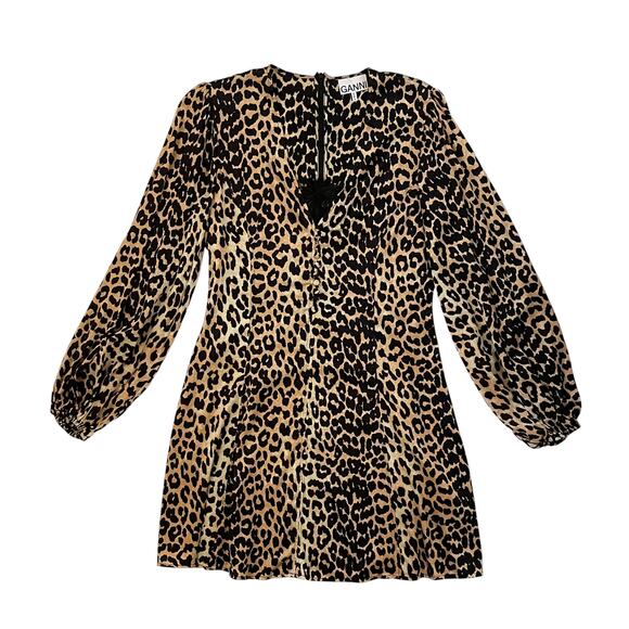 Ganni Blakely Leopard Print Mini Dress in Brown Silk Blend EURO 42 - US Size 10 - Picture 3 of 8